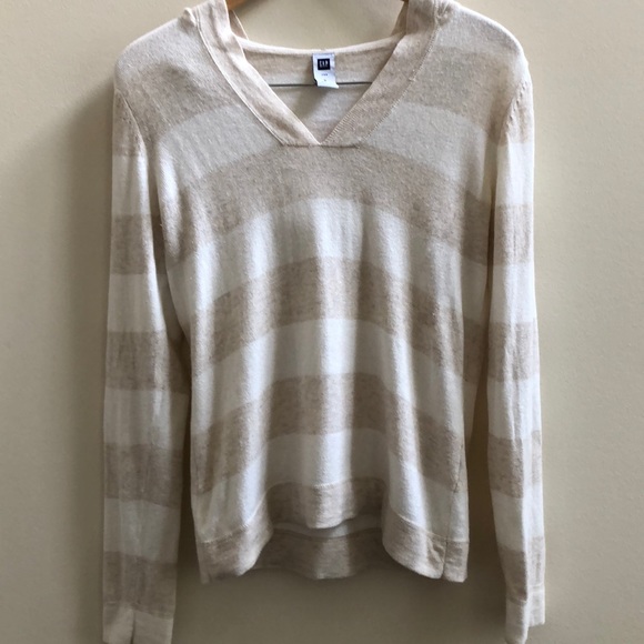GAP cozy wool blend hoodie pullover sweater top in cream and tan stripe Size S - Picture 8 of 13